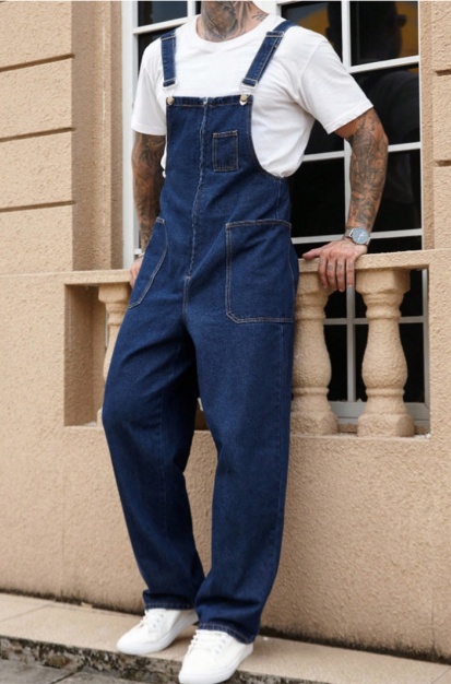 US Ready Stock Mens Denim Overalls Dark Blue Loose Fit Straight Leg Bib Overalls Casual Workwear For Men photo 4