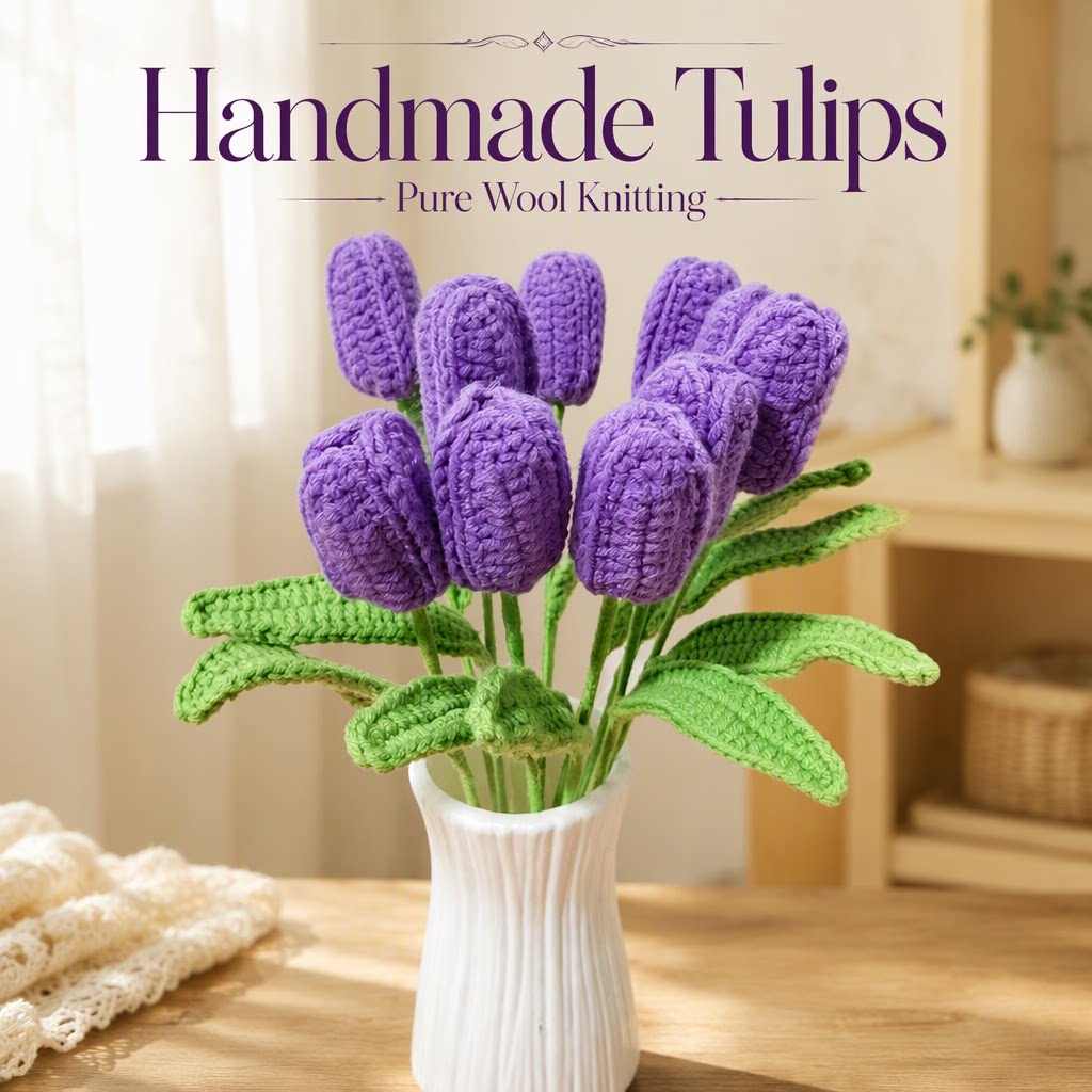 Hand Crocheted Finished Tulip Bouquet Knitted Yarn Handheld Bouquet Artificial Flower For Home Decor Holiday Gift photo 4