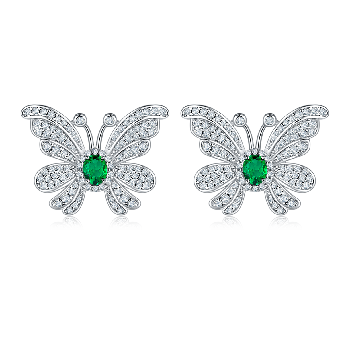 S925 Silver 6.6g Platinum Plated Butterfly Earrings, 0.39ct Lab-Created Emerald, Pair photo 1