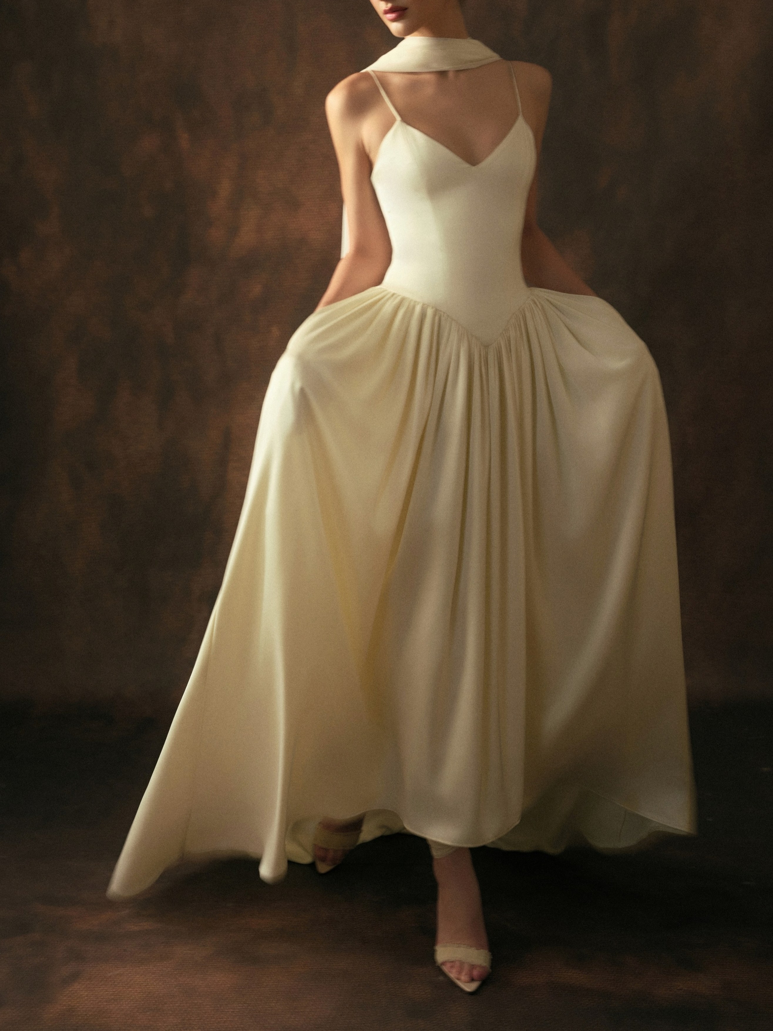 Satin Spaghetti Strap Wedding Evening Gown With Scarf photo 5