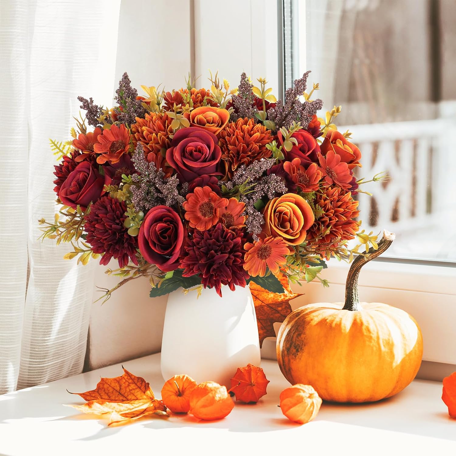 Artificial Fall Flowers 2 Units, Silk Rose Bouquets For Autumn Decor, Vase Arrangements, Home, Wedding And Table Display photo 3
