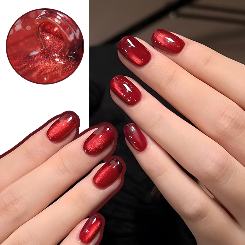 Ms Rainbow Starry Series Cherry Red Magnetic Cat Eye Gel Polish 10ml, Glossy Crystal Red Shimmer Nail Gel, Long Lasting No Chipping LED Soak Off, Viral Trendy Salon Manicure photo 3