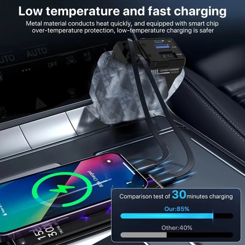 120W 4 IN 1 Retractable Car Fast Charger 2 Cable With USB Type C Port Adapter photo 3
