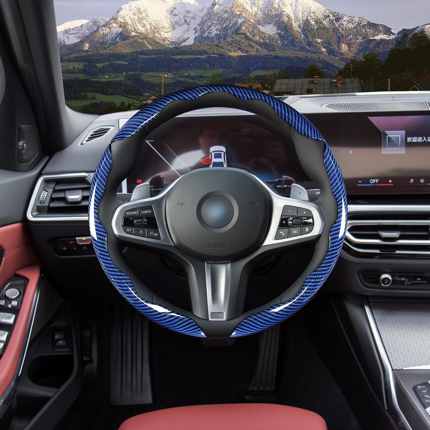 Carbon Fiber Steering Wheel Covers 3 Piece Clip On Steering Wheel Cover -Blue photo 4