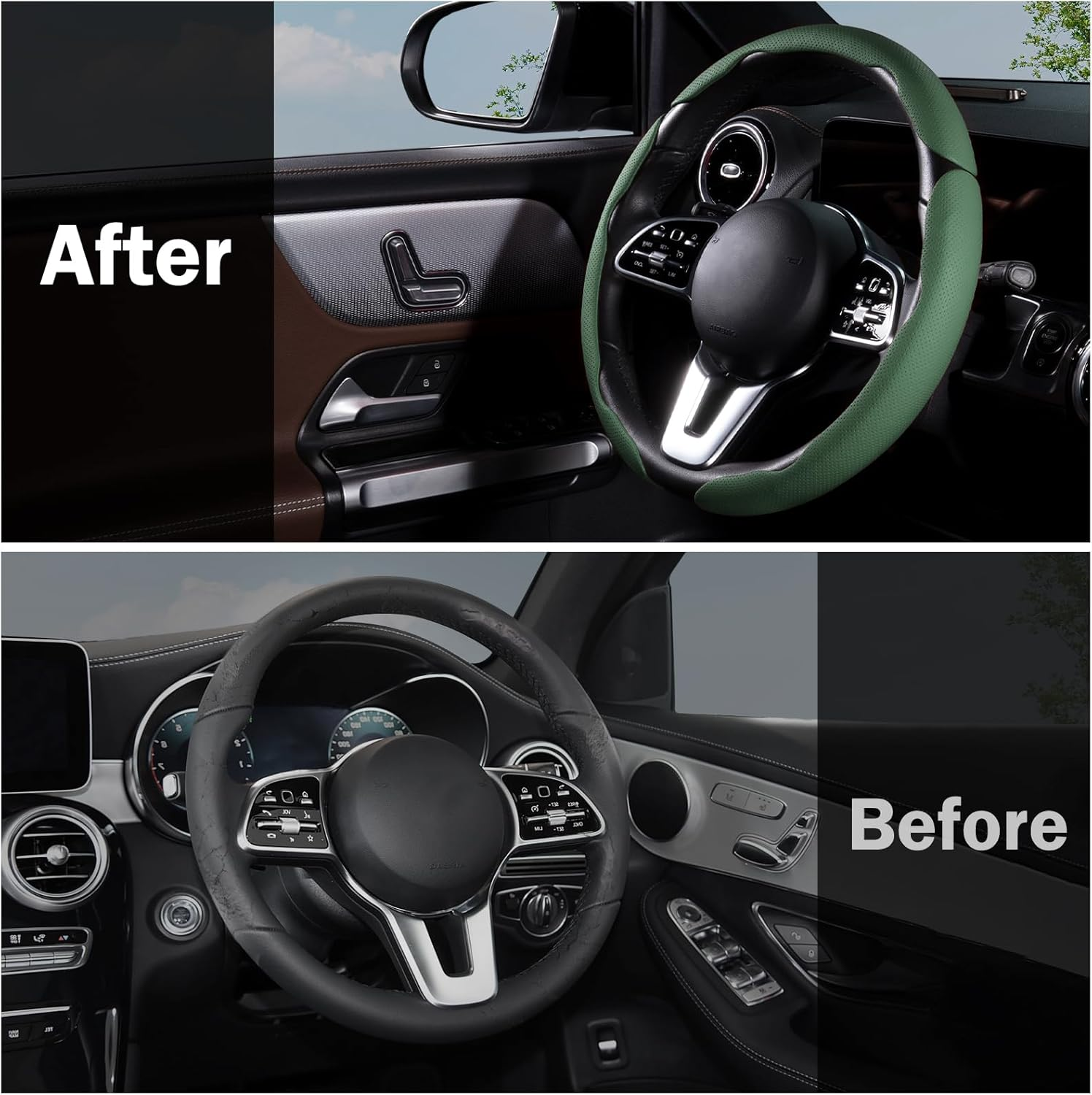 Car Steering Wheel Cover Leather Snap On 3Pcs Set Non-Slip Protector Wrap Steering Wheel Accessories  Universal Green photo 4