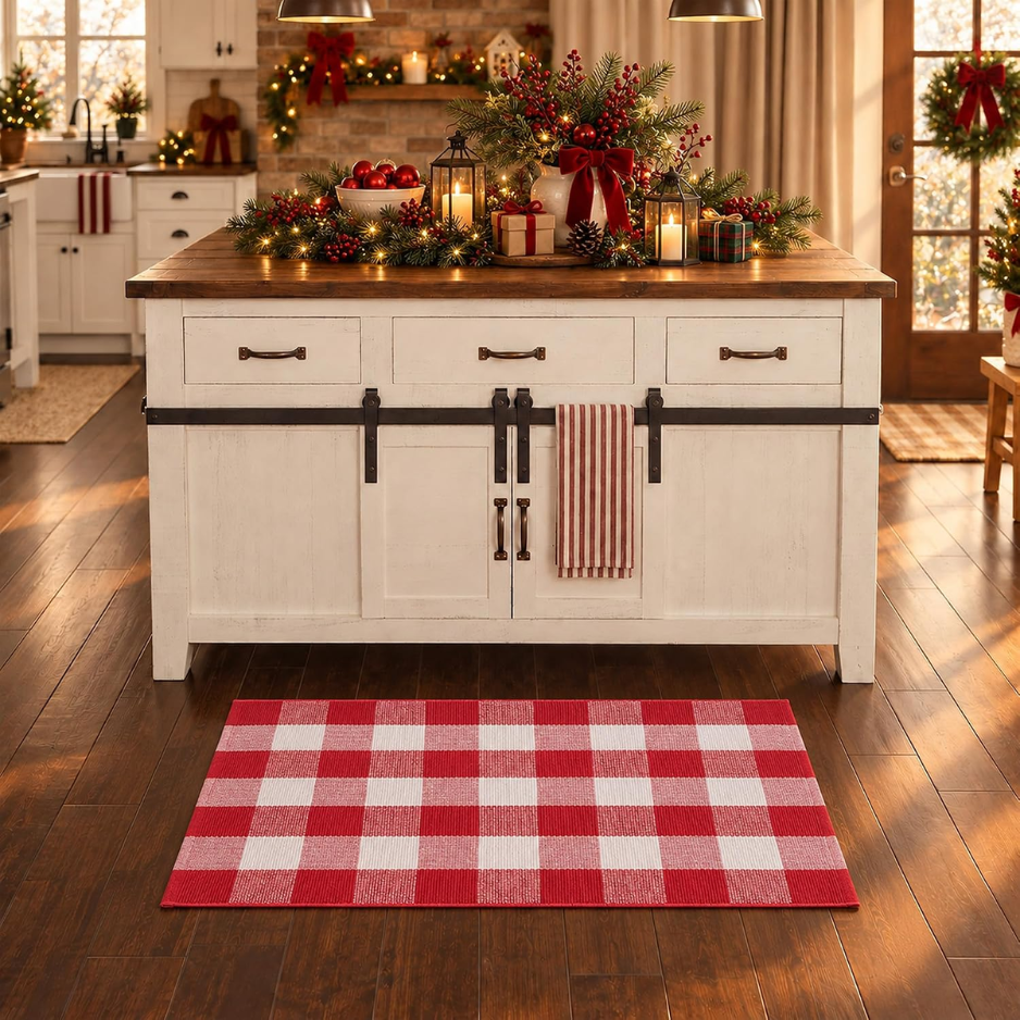 Christmas Red And White Plaid Door Mat, 28 X 43 Inches Cotton Hand-Woven Layered Entry Mat For Front Porch, Entryway, Outdoor Holiday Decor, Washable photo 4