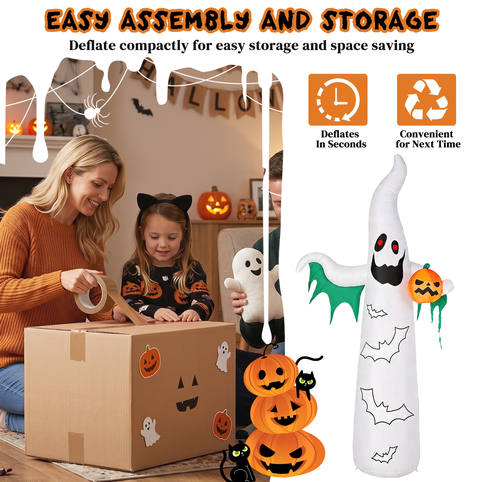 12ft Inflatable Halloween Decor With Flashing Bats & White Ghosts,4 LED Lights - 82 String Lights,White & Green,12V 1500mA US Power Adapter photo 4