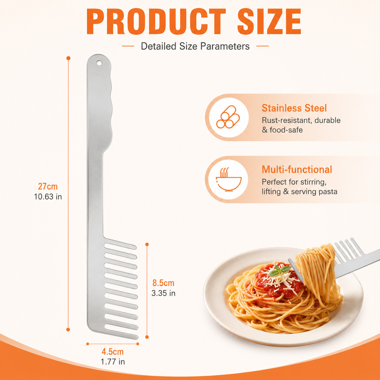 Pasta Fork Spaghetti Server Noodle Fork Stainless Steel Comb Shape Anti Slip Ergonomic Handle Kitchen Cooking Tool For Home Restaurant Hotel Buffet Party Wedding Catering Italian Ramen Noodle Soup photo 2