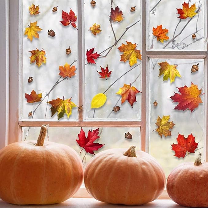 91-Piece Maple Window Clings 6-Sheet Fall Leaves Acorns Stickers For Autumn Thanksgiving And Halloween Decor photo 5