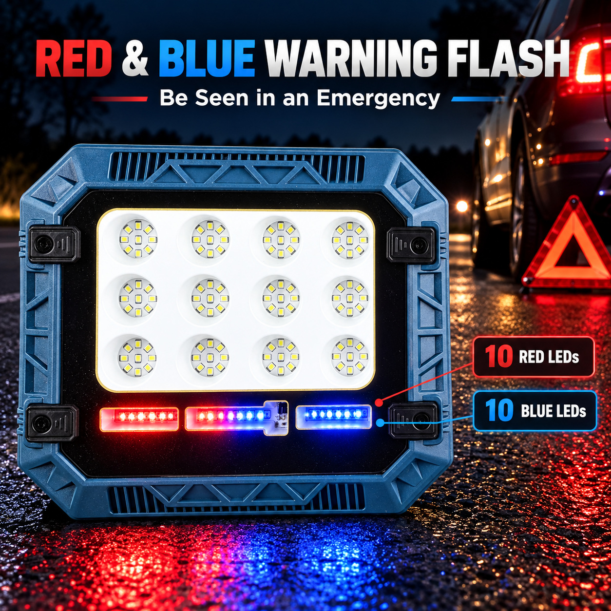 Solar Powered Rechargeable Battery Display 18650 W8112 2 Red Blue Warning LED Flood Light SMD photo 6