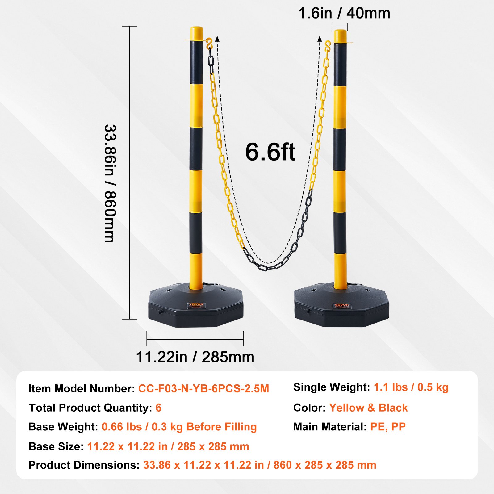 Adjustable Traffic Delineator Post Cones, 6 Pack, Traffic Safety Delineator Barrier With Fillable Base 2.44 M Chain, For Traffic Control Warning Parking Lot Construction Caution Roads, Yellow & Black photo 6
