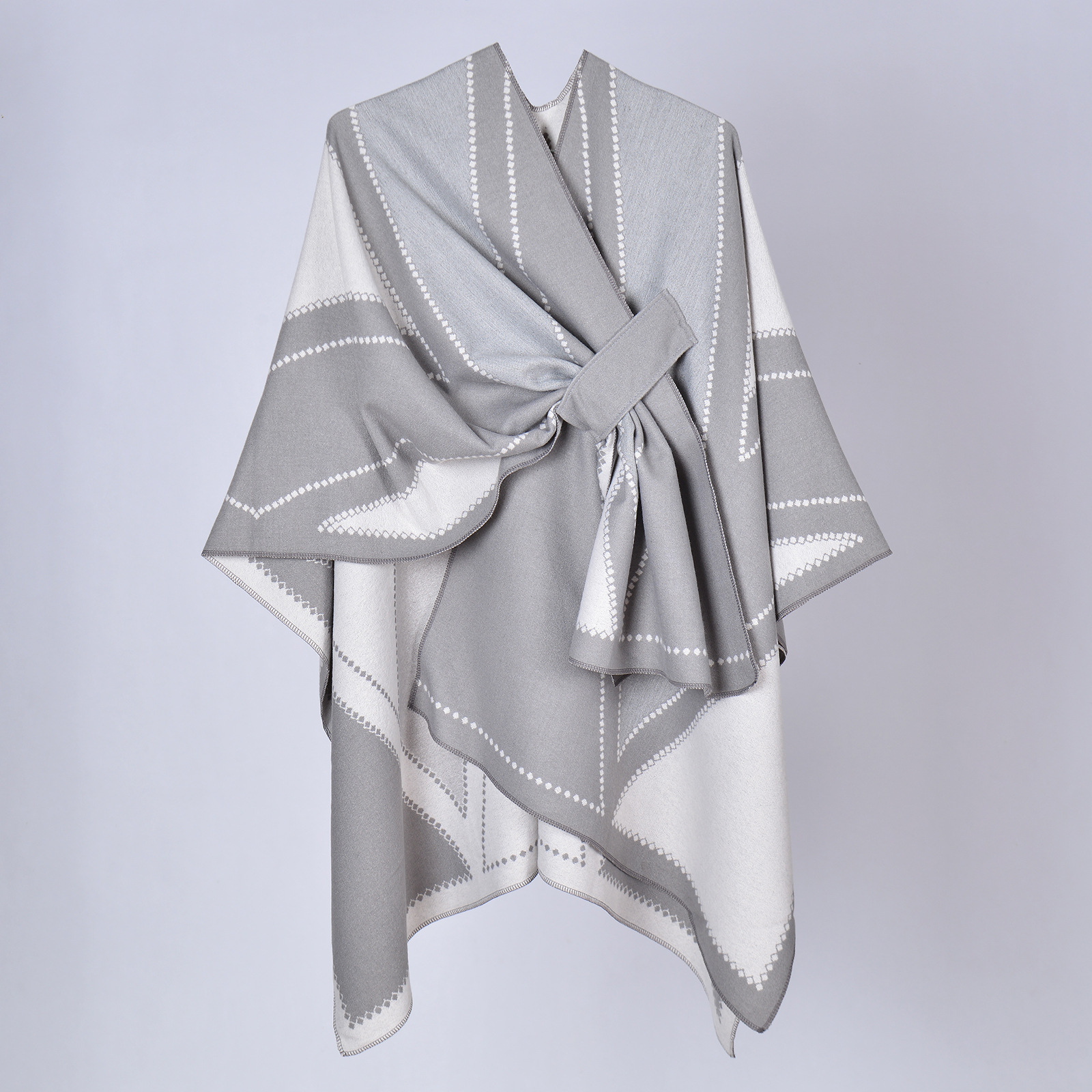 Women's Belted Shawl, Fashion Designer Thick Faux Cashmere Split Poncho Catwalk Outerwear photo 4