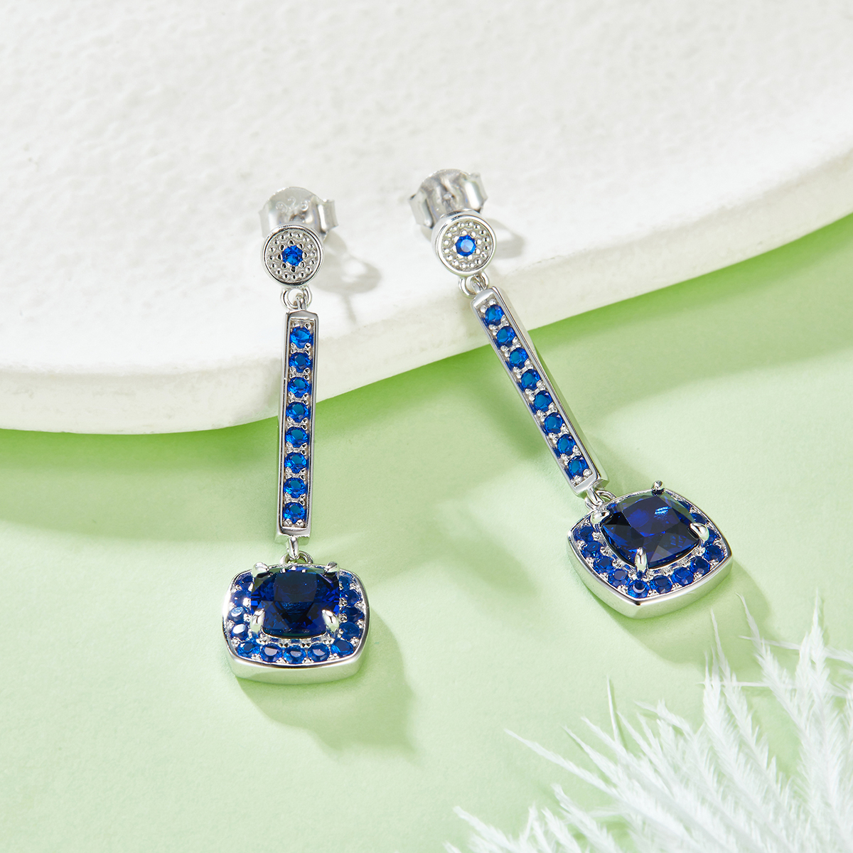 S925 Silver 4.5g Lab-Created Sapphire Drop Earrings, 2ct 6x6mm Cushion, Pair photo 2