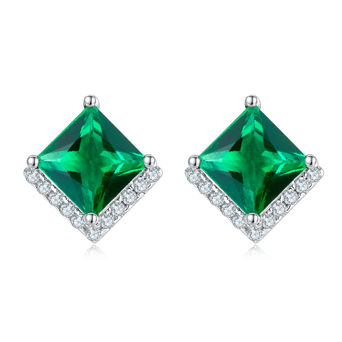S925 Silver Platinum Plated Lab-Created Emerald Earrings, 0.3&2.5ct Princess Cut Studs, Pair photo 5