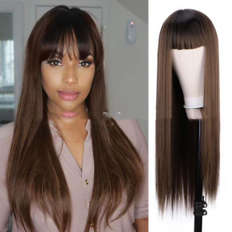 Orange Wig Female Long Straight Hair Dyed Long Hair Synthetic Headgear photo 5