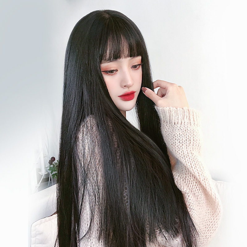 Realistic Natural Full Headgear Net Red Air Bangs Black Long Straight Hair photo 3
