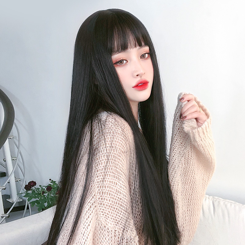 Realistic Natural Full Headgear Net Red Air Bangs Black Long Straight Hair photo 1