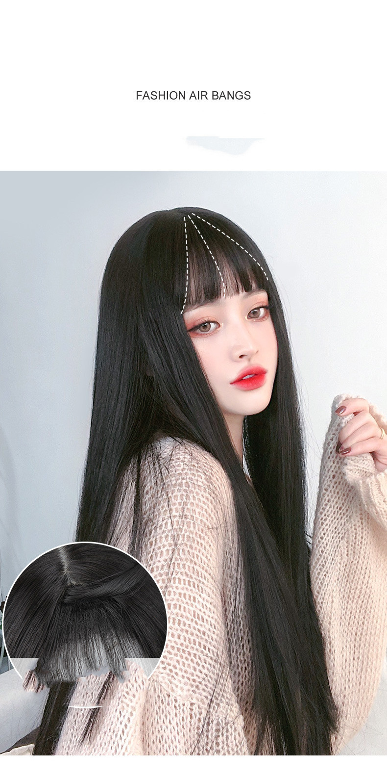 Realistic Natural Full Headgear Net Red Air Bangs Black Long Straight Hair photo 2