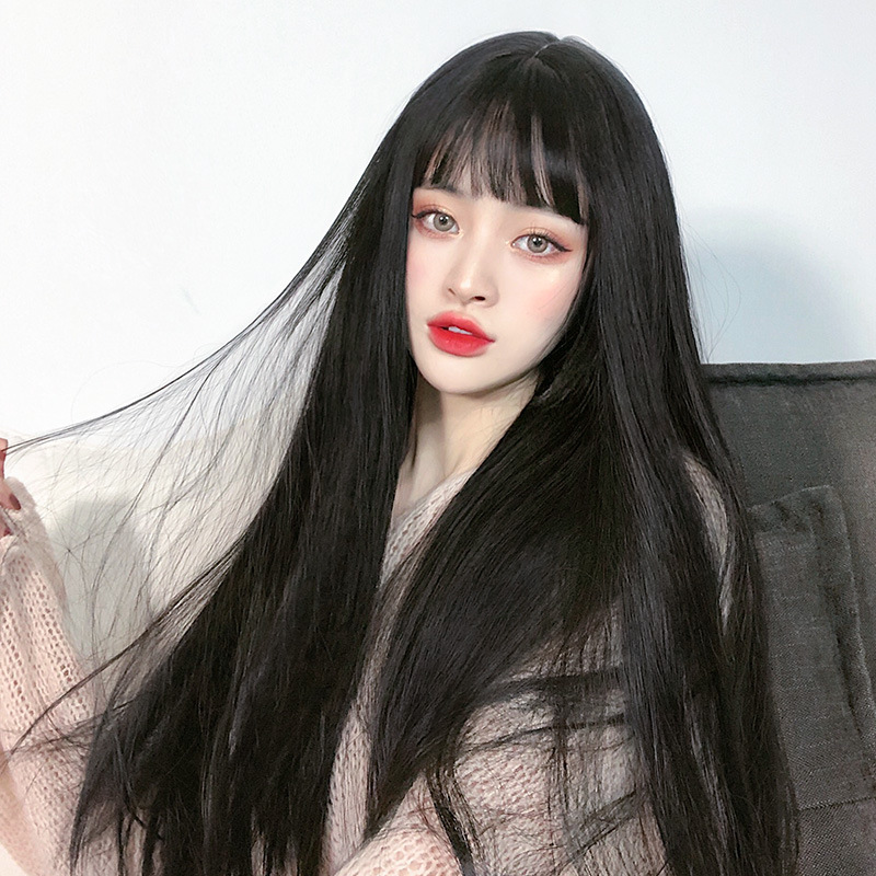 Realistic Natural Full Headgear Net Red Air Bangs Black Long Straight Hair photo 5