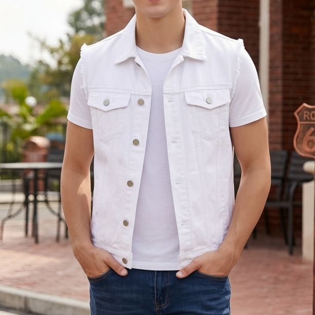 White Denim Vest Men Classic Sleeveless Jean Jacket Button Front US Warehouse Inventory photo 1