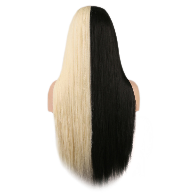 Black And White Two-tone Long Straight Hair High Temperature Silk Machine Wig photo 5