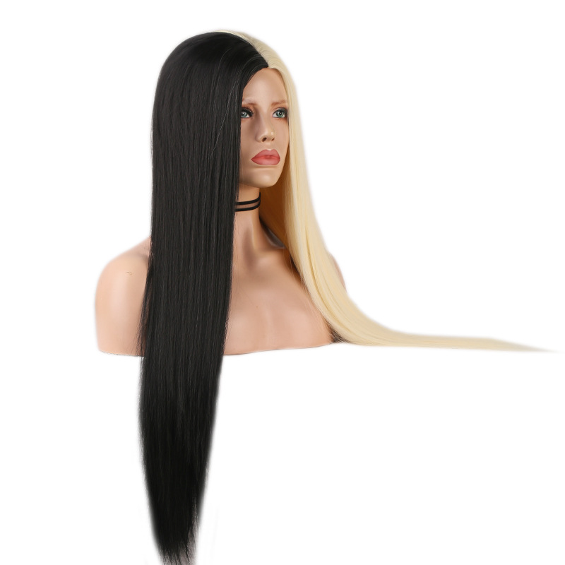 Black And White Two-tone Long Straight Hair High Temperature Silk Machine Wig photo 2