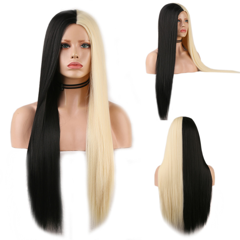 Black And White Two-tone Long Straight Hair High Temperature Silk Machine Wig photo 4
