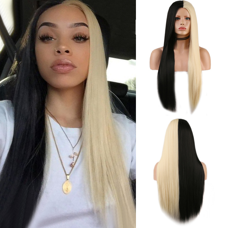 Black And White Two-tone Long Straight Hair High Temperature Silk Machine Wig photo 1