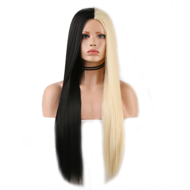 Black And White Two-tone Long Straight Hair High Temperature Silk Machine Wig photo 3
