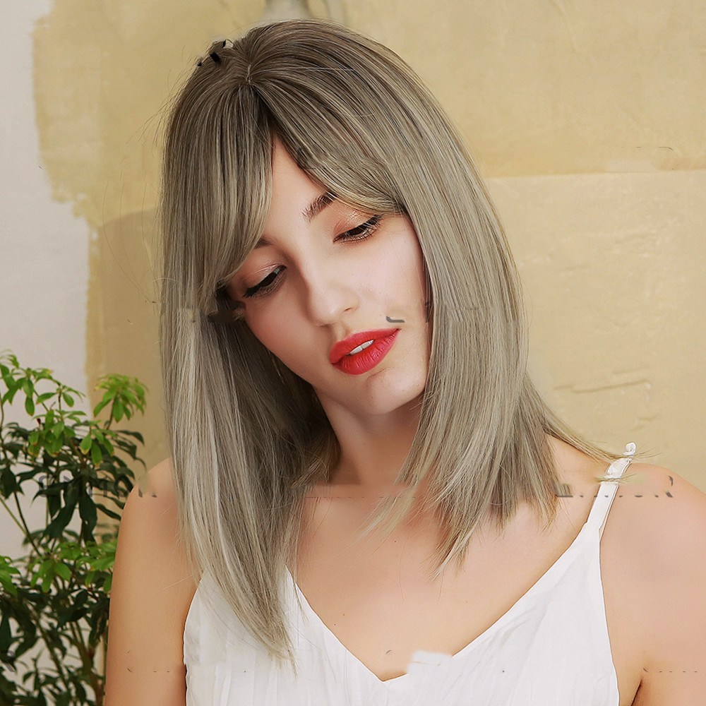 Wig, Eight-character Bangs, Gradient Golden High-grade Gray Medium Straight Hair photo 5