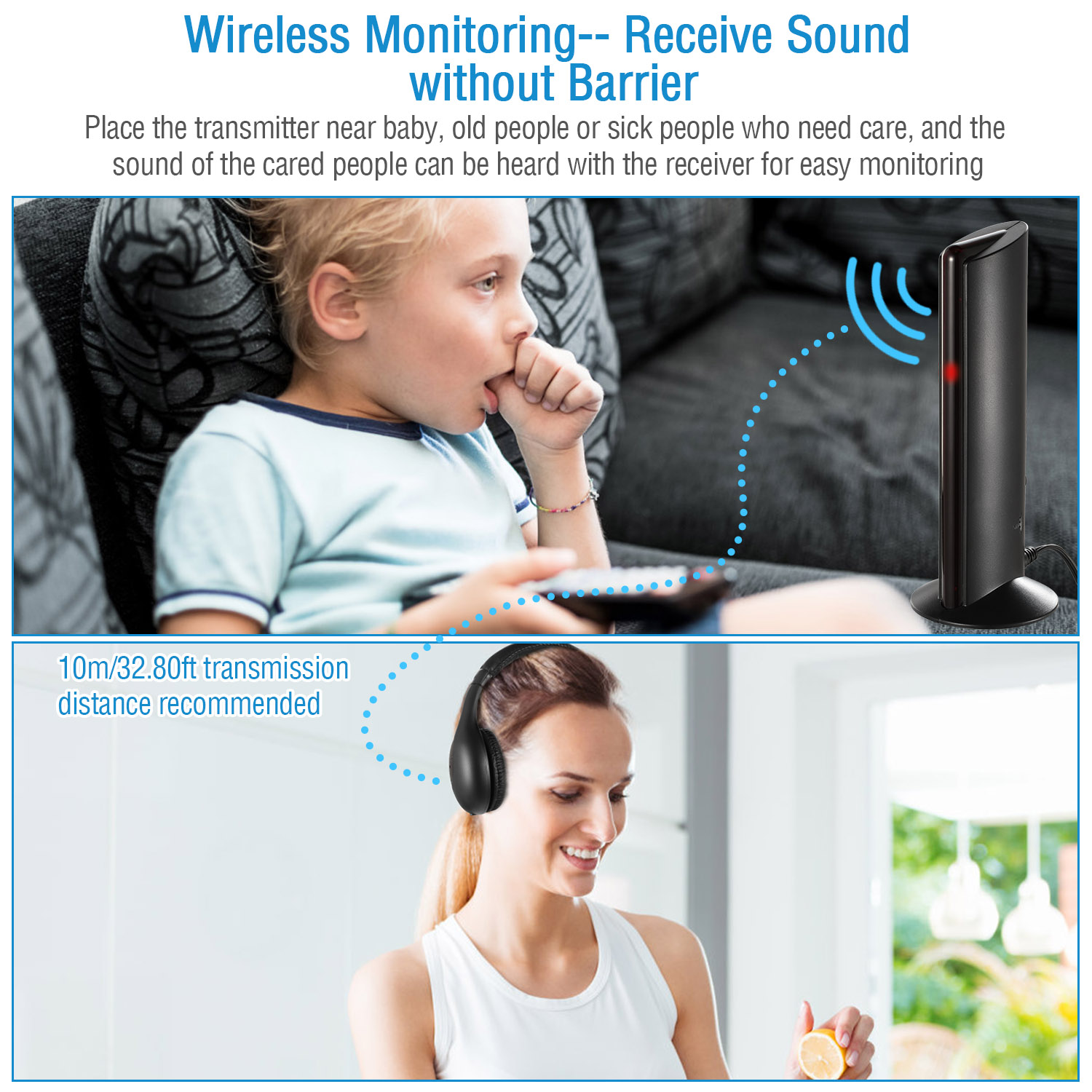 Wireless RF Headphones HiFi Over Ear Headsets RF Transmitter Receiver With MicY-shaped Cable Monitoring Earphone 98.4ft Range For TV Radio CD photo 2
