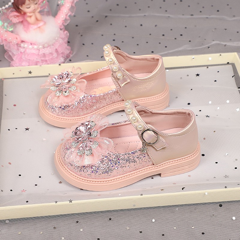 2026 Spring & Autumn New Girls Light-Up Princess Leather Shoes, Elsa Crystal Soft Sole Flat Shoes, Little Girls Pearl Decor Single Shoes photo 4