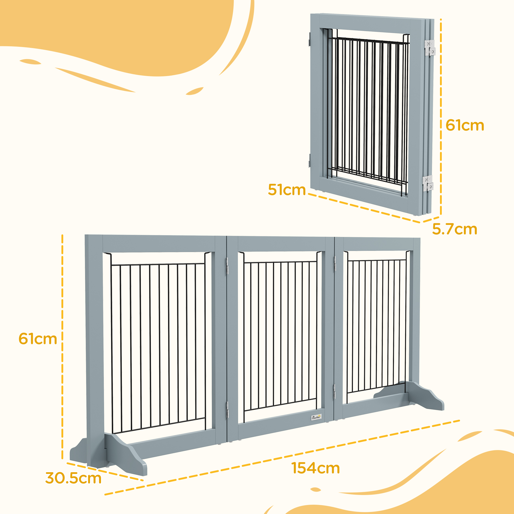 Foldable Pet Gate, With Three Panels & Two Support Feet - Grey photo 5
