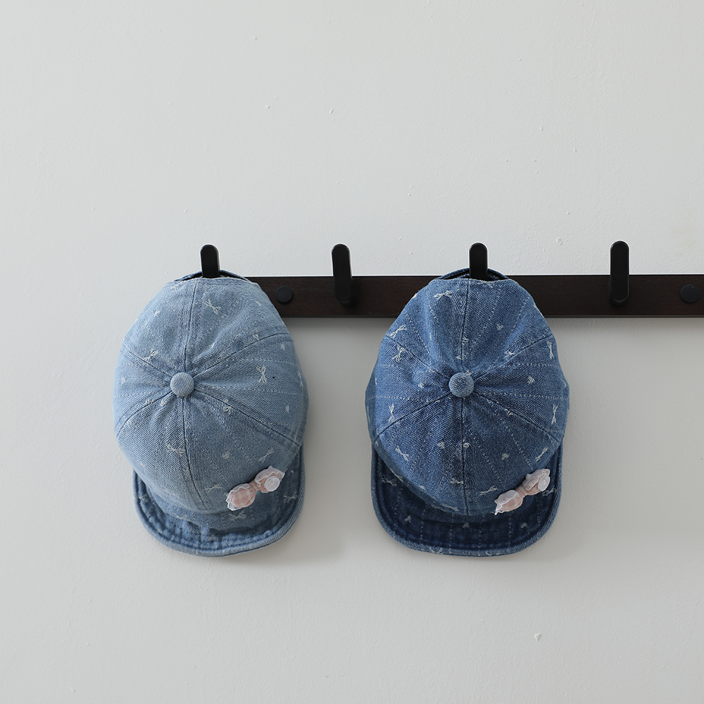 Striped Lace Bow Girl's Denim Baseball Cap, Baby-sized, Washed, Jacquard, Frayed, Heart-shaped Soft Brim Hat photo 2