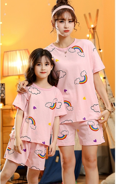Children's Cotton Short-sleeved Home Wear Suit Parent-child Mother-daughter Home Cartoon Princess 2-piece Summer Thin Cotton photo 2