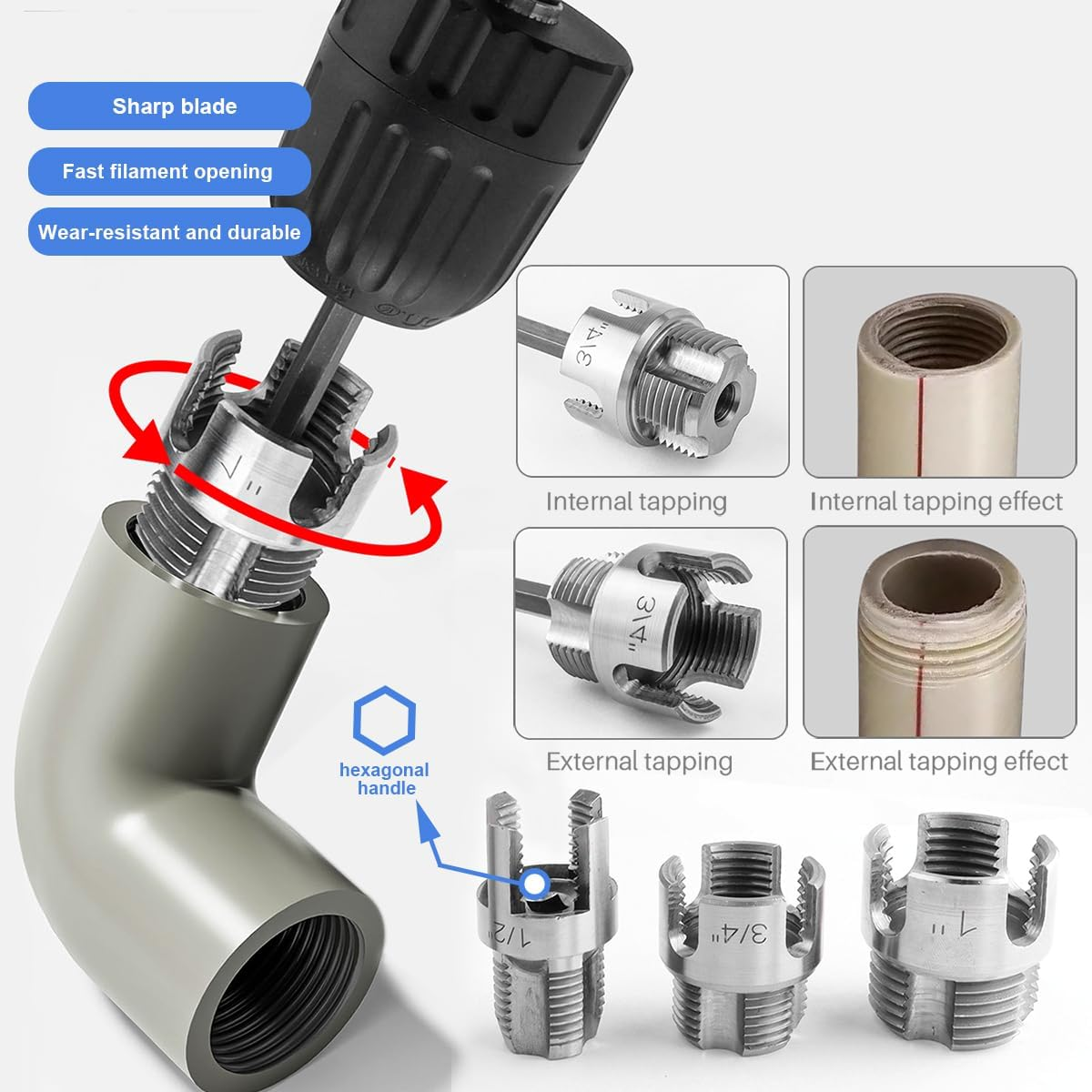 3-piece Heavy-duty Alloy Pipe Thread Tool Set, Integrated Internal And External Pipe Thread Processing Tools, PVC And Plastic Pipe Threader Set photo 2