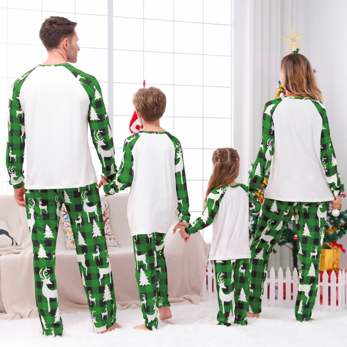 Parent-child Leisure Wear Set Plaid Stitching Printing Christmas photo 4