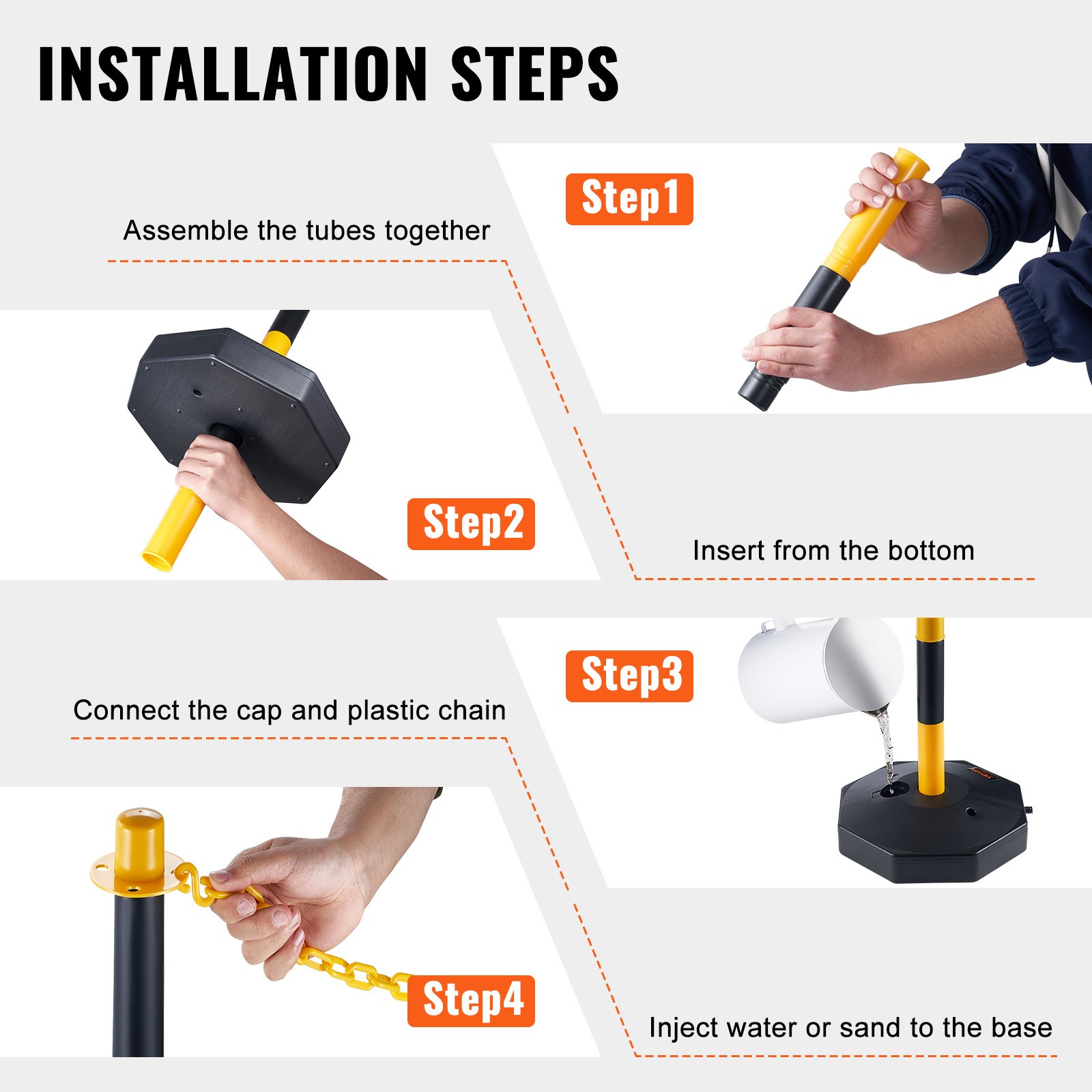 Adjustable Traffic Delineator Post Cones, 6 Pack, Traffic Safety Delineator Barrier With Fillable Base 2.44 M Chain, For Traffic Control Warning Parking Lot Construction Caution Roads, Yellow & Black photo 5