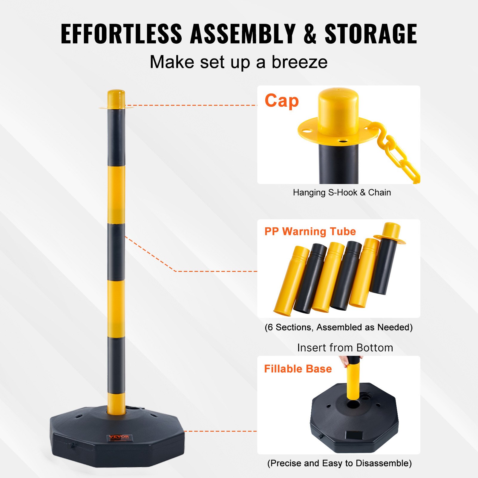 Adjustable Traffic Delineator Post Cones, 6 Pack, Traffic Safety Delineator Barrier With Fillable Base 2.44 M Chain, For Traffic Control Warning Parking Lot Construction Caution Roads, Yellow & Black photo 3