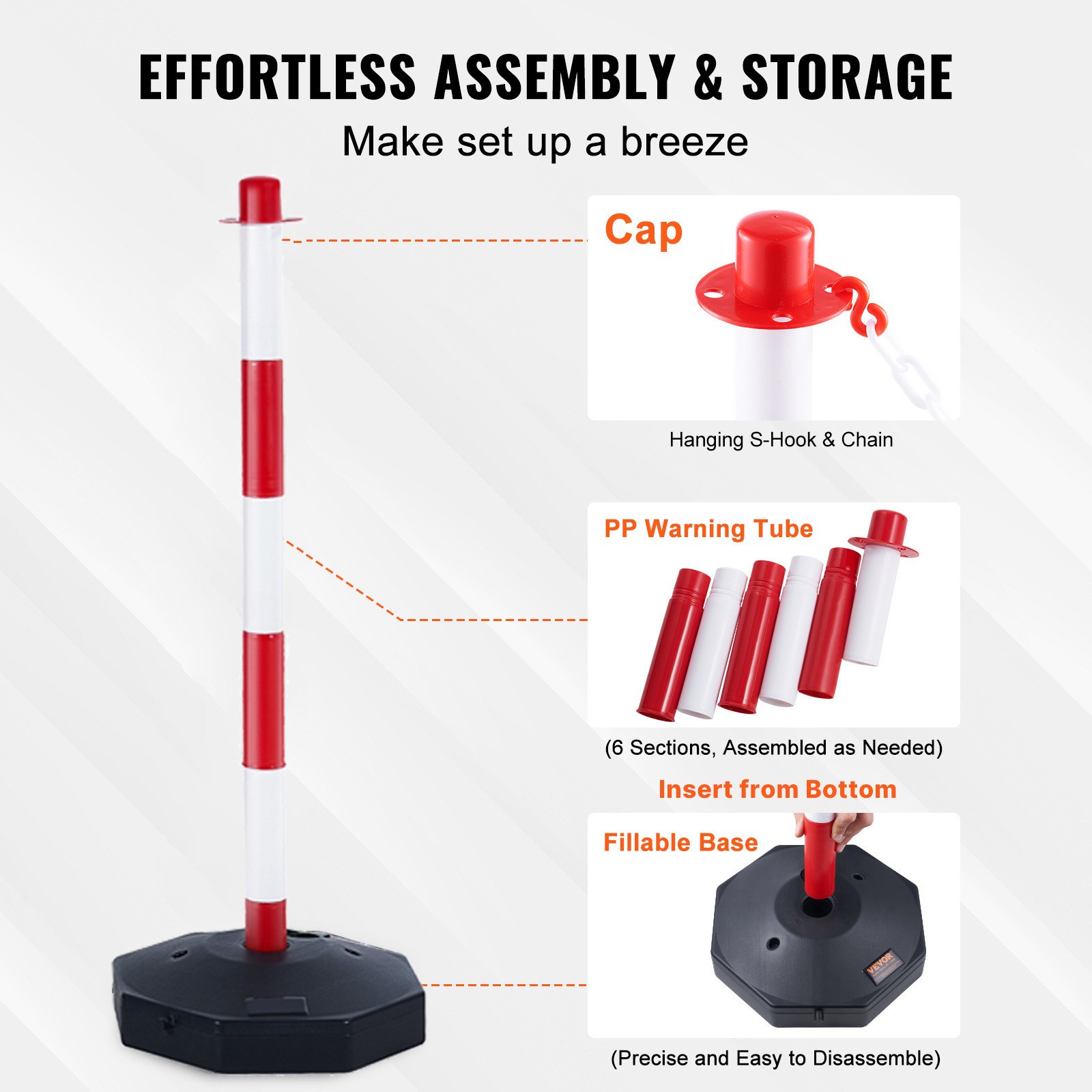 Adjustable Traffic Delineator Post Cones, 4 Pack, Traffic Safety Delineator Barrier With Fillable Base 2.44 M Chain, For Traffic Control Warning Parking Lot Construction Caution Roads, Red & White photo 2