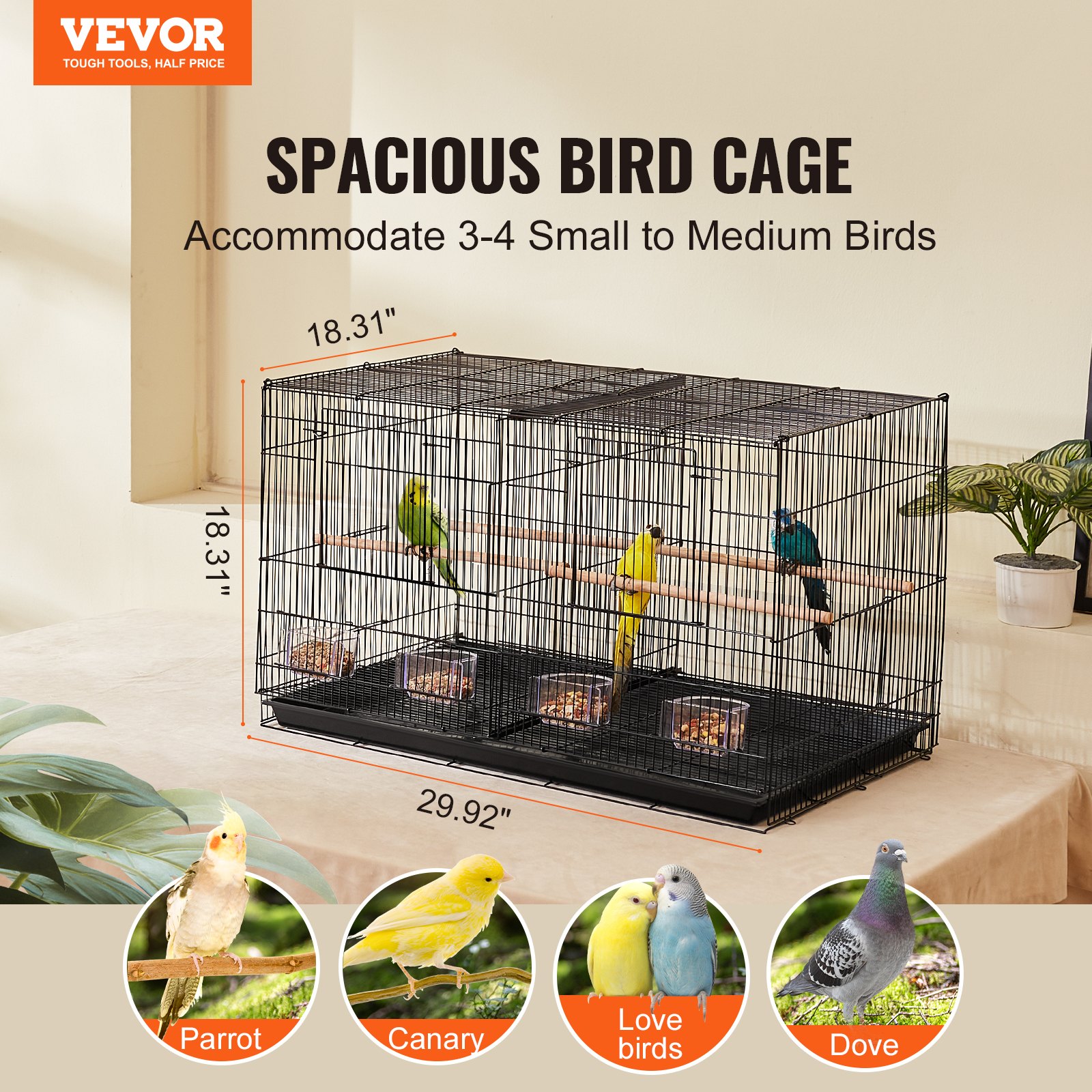 Bird Cage, 18 In, Small Parakeet Cage With Divider, Sturdy Metal Bird Flight Cage, Travel Birdcage With 5 Perches & 4 Feeding Cups, Parrot Cage For Canaries Lovebirds Cockatiels Budgie, Black photo 8