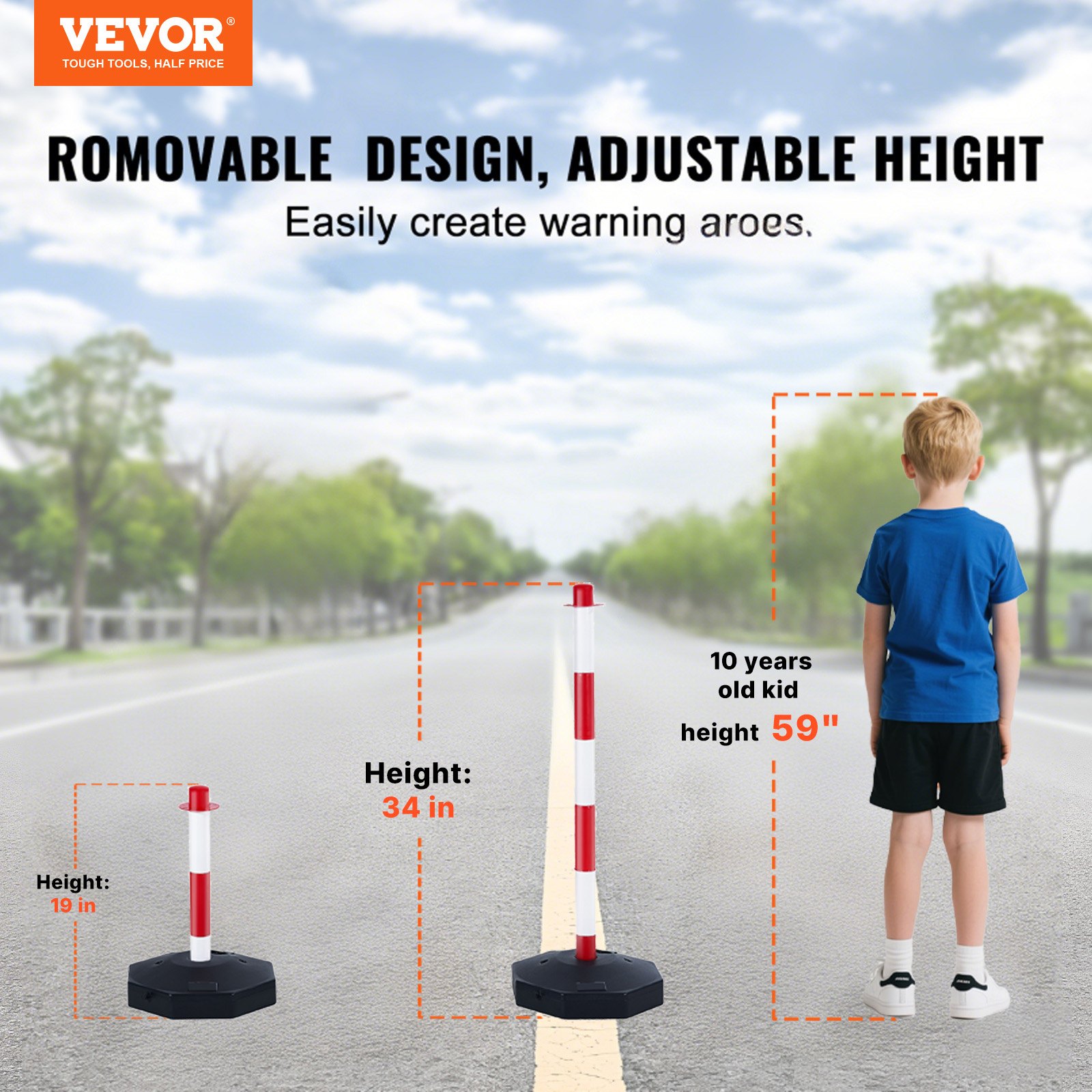 Adjustable Traffic Delineator Post Cones, 6 Pack, Traffic Safety Delineator Barrier With Fillable Base 2 M Chain, For Traffic Control Warning Parking Lot Construction Caution Roads, Red & White photo 6