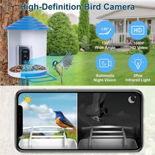 Smart Bird Feeder With Solar Powered Camera 1080P HD AI Identify PIR Motion Auto Capture Video Cloud Card Storage WiFi Connection App Control IP65 Waterproof photo 3