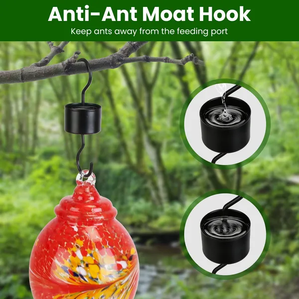 Glass Hummingbird Feeder 33OZ Hand Blown Hummingbird Feeder With 5 Flower Feeding Port Perch Ant Moat Hanging Hook S Hook Hemp Rope Cleaning Brush For Garden Backyard Decor photo 5