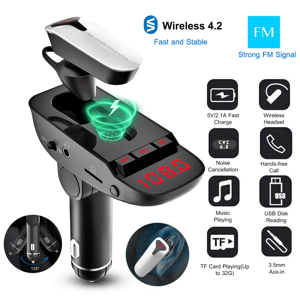 Car FM Transmitter W/ Wireless Earpiece 2 USB Charge Ports Hands-free Call MP3 Player photo 6