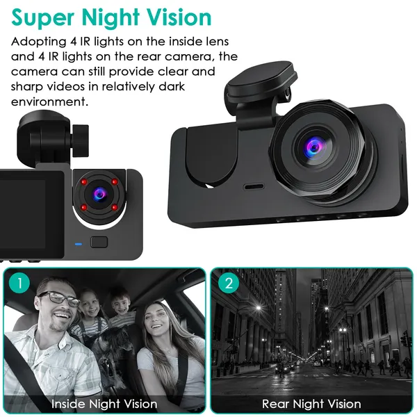 3 Channel Dash Cam Front Inside Rear Vehicle Driving Recorder Car DVR With 32G MMC Card G Sensor Motion Detection Parking Monitor Night Vision Loop Recording photo 4