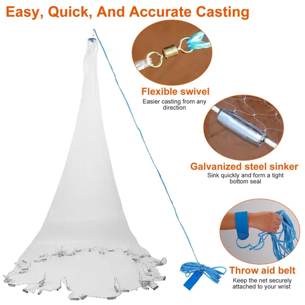 Fishing Cast Net Bait Trap Easy Throw Heavy Duty Hand Cast Net With Chain Sinker Bottom Spread photo 2