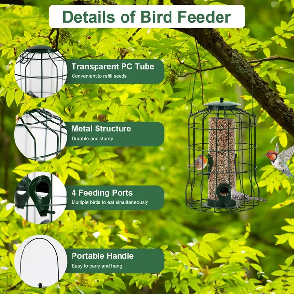 Outdoor Wild Bird Feeder Squirrel-Proof Chew-Proof Metal Hanging Seed Feeder With 4 Feeding Ports For Small Songbirds photo 4