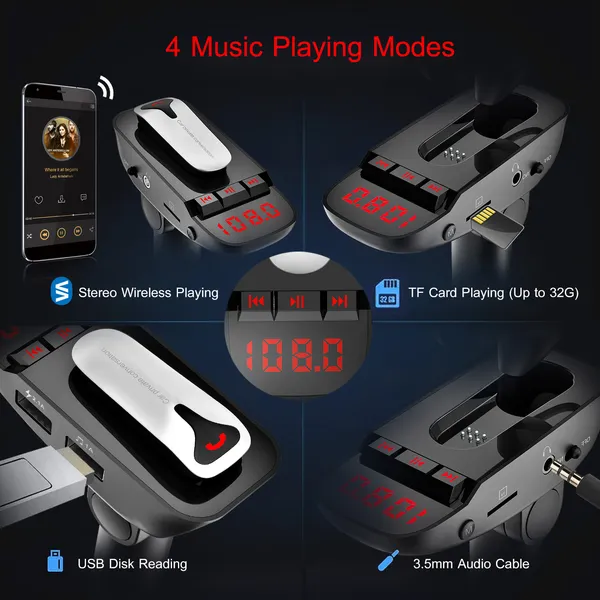 Car FM Transmitter W/ Wireless Earpiece 2 USB Charge Ports Hands-free Call MP3 Player photo 5
