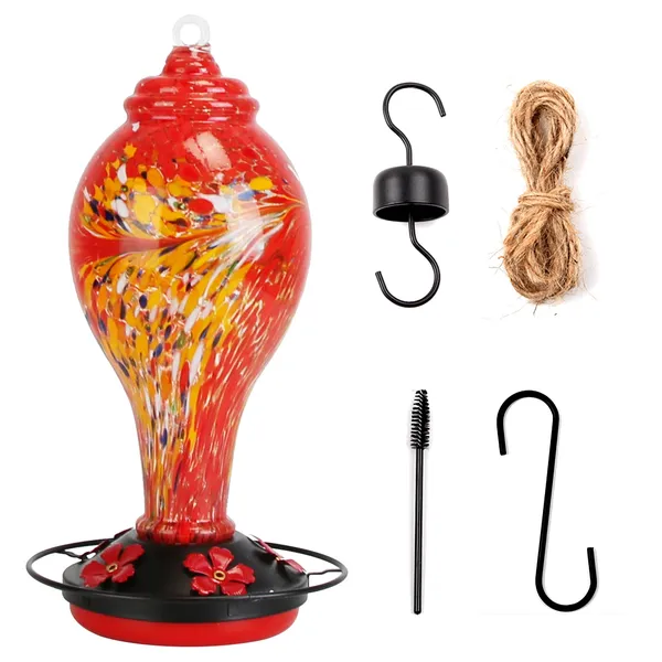 Glass Hummingbird Feeder 33OZ Hand Blown Hummingbird Feeder With 5 Flower Feeding Port Perch Ant Moat Hanging Hook S Hook Hemp Rope Cleaning Brush For Garden Backyard Decor photo 1